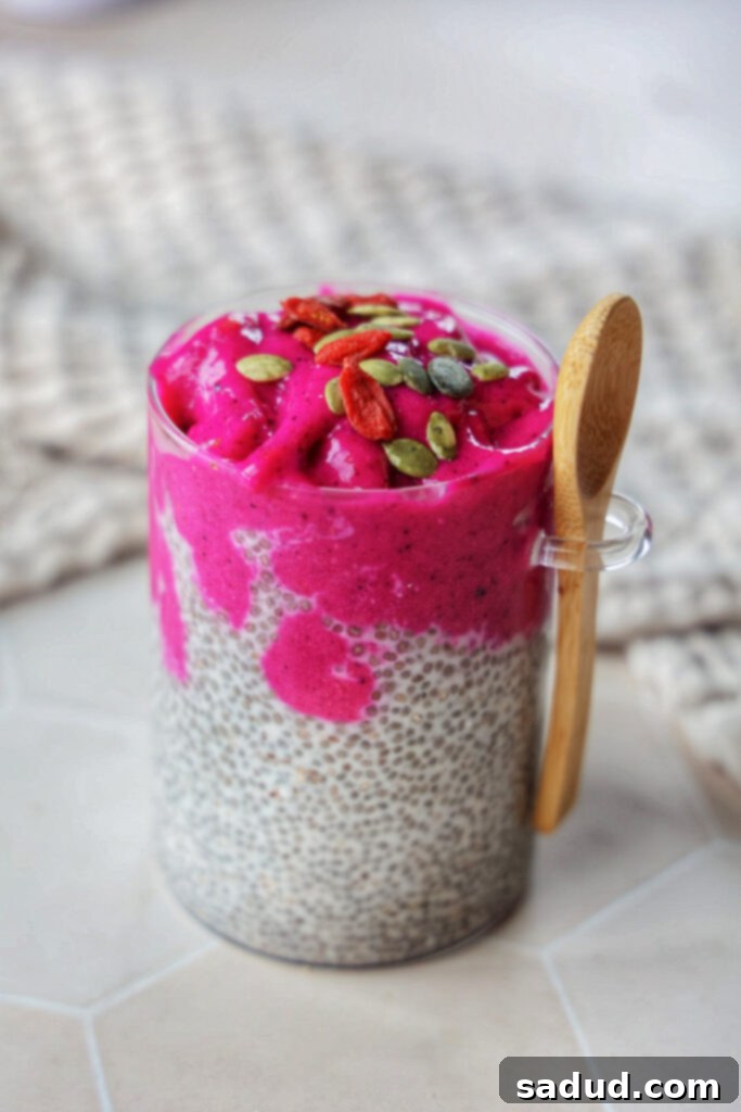 A beautifully layered chia pudding nice cream jar, ready to be enjoyed.
