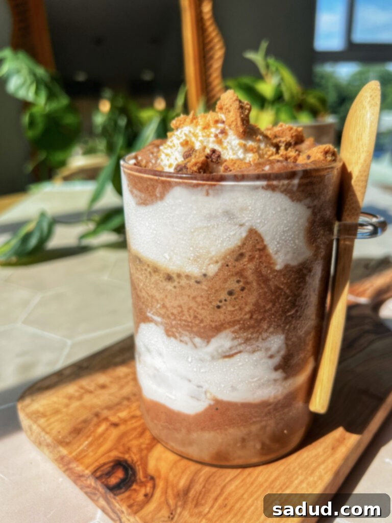 Erewhon + Emma Chamberlain Cold Brew Cookie Smoothie Copycat - a delicious layered coffee and raspberry smoothie with cookie crumbles