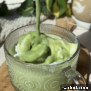 Matcha Affogato 3 Matcha Affogato in a glass with a scoop of vanilla ice cream and frothy matcha