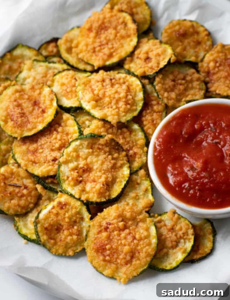 Close up of perfectly golden-brown air fried zucchini chips on a white plate with a small bowl of dipping sauce