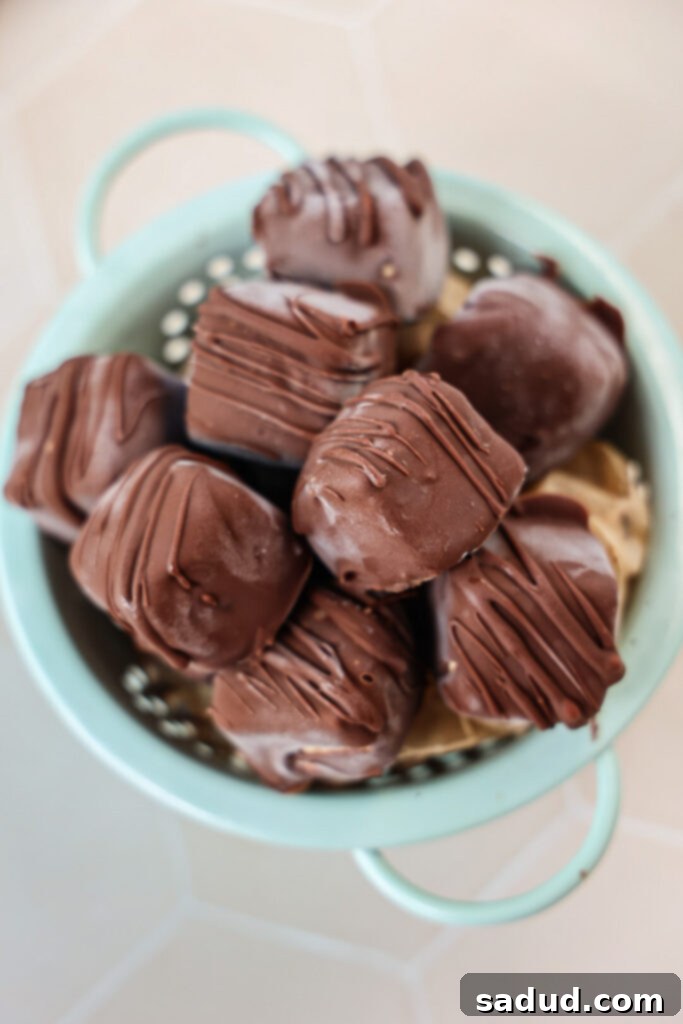 A close-up of a bowl filled with various ice cream bites, showcasing their creamy texture and chocolate coating.