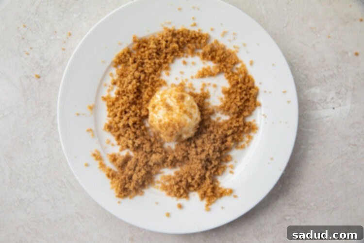 A perfectly coated cream cheese fat bomb rolled in snickerdoodle crumble on a white plate