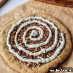 Cinnamon streusel dessert pizza with cashew frosting.