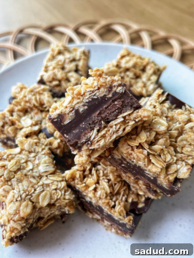 A plate of no bake peanut butter oatmeal fudge bars.