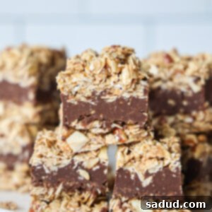 No-bake peanut butter oatmeal fudge bars on a plate.