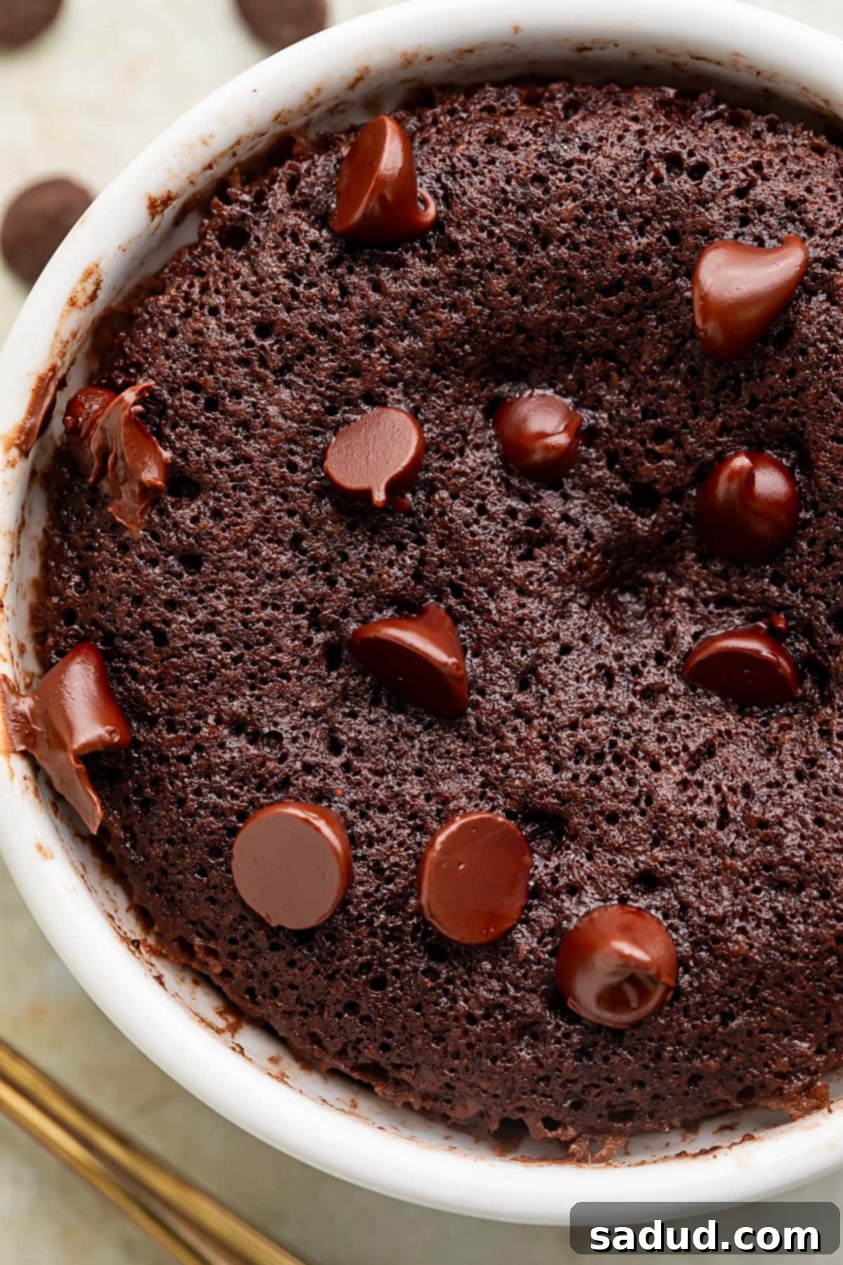 Close-up on a keto mug brownie topped with keto chocolate chips in a white coffee mug.