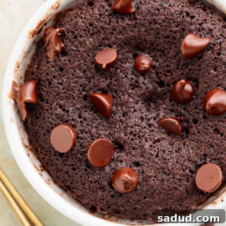 Close-up on a keto mug brownie topped with keto chocolate chips in a white coffee mug.