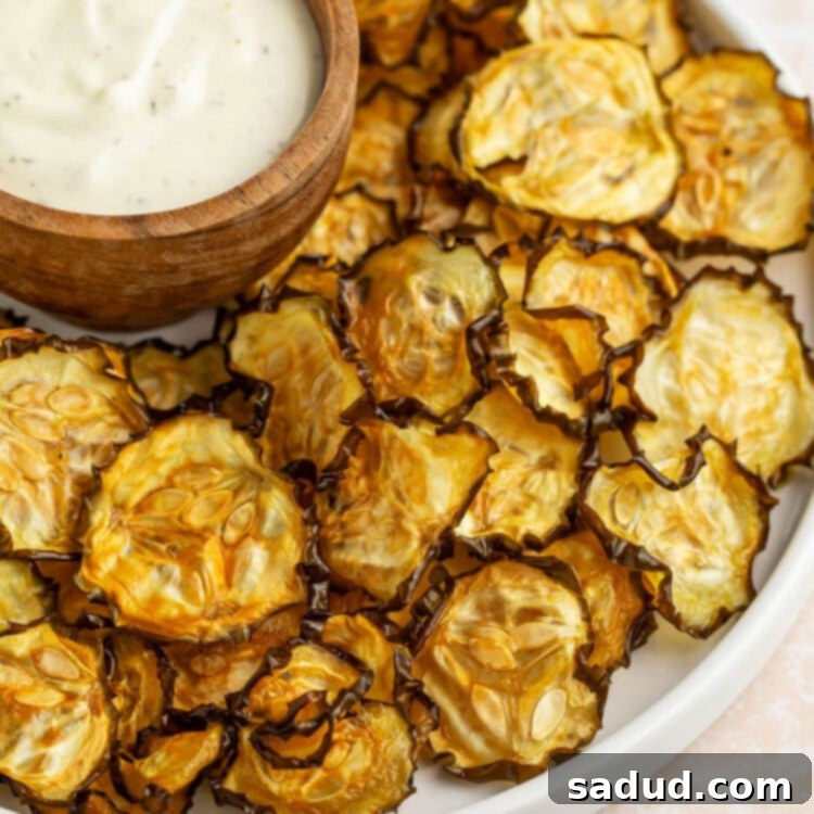 Crispy cucumber chips arranged around a bowl of ranch dressing on a large rimmed plate.