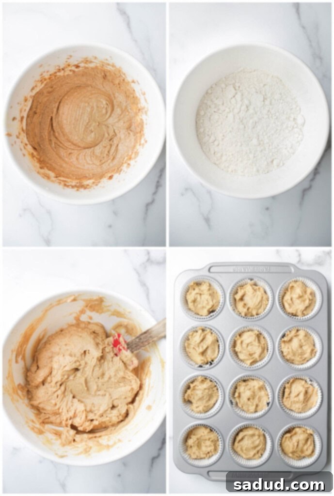 Step-by-step instructions for making healthy lemon muffins, showing mixing ingredients