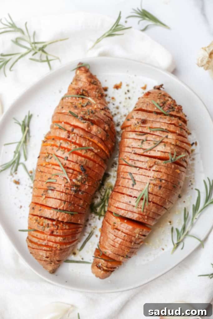 Sweet Potato Fanned Perfection 2 Two sweet potatoes on a plate