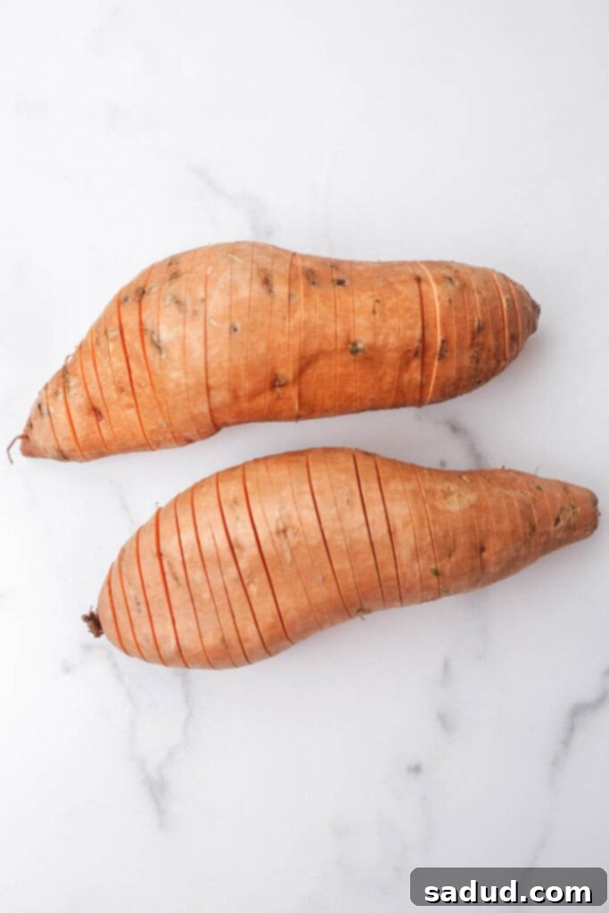 Sliced hasselback sweet potato