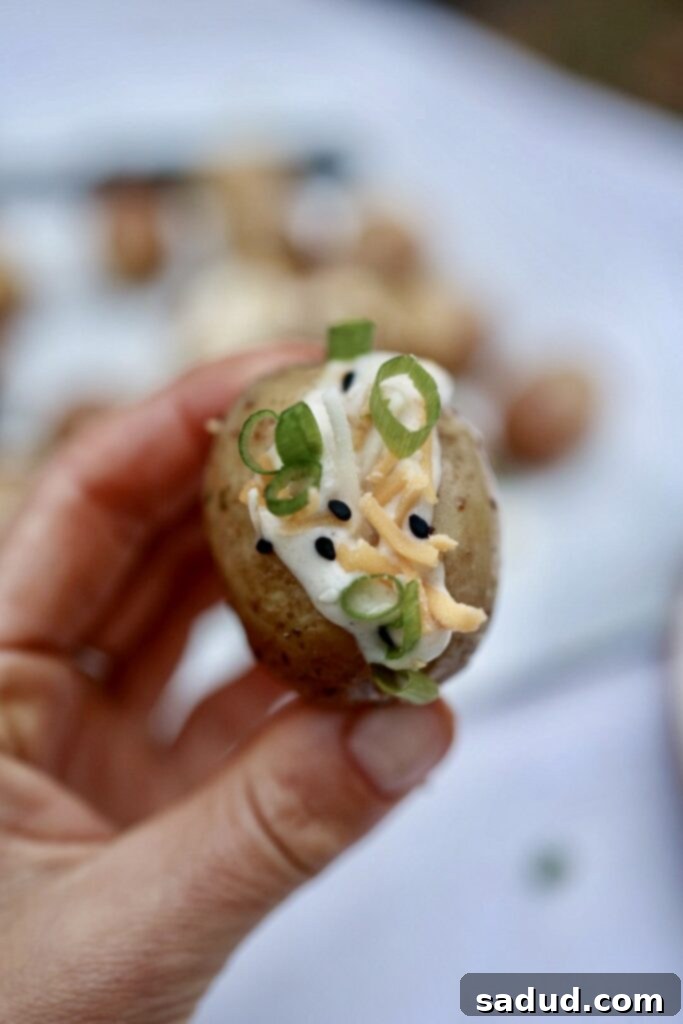 Holding a mini baked potato bite with sour cream and topped with chopped chives and cheese shreds.