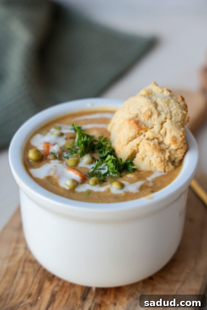 A bowl of healthy chicken pot pie soup, garnished and ready to eat.