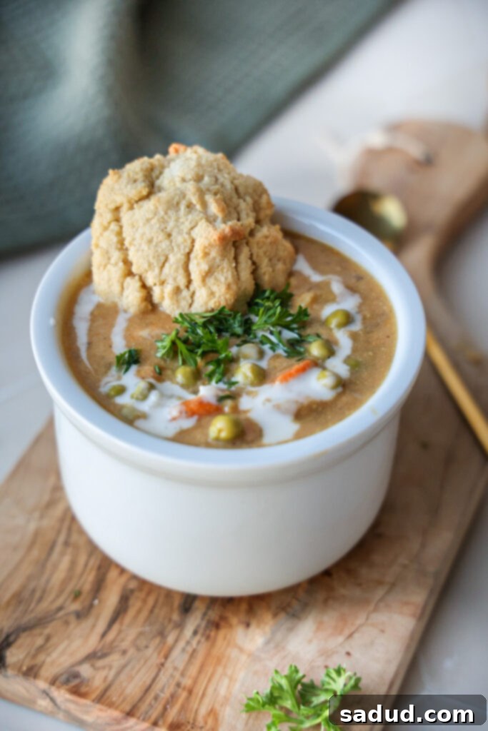 A close-up of healthy chicken pot pie soup with a biscuit being dipped into it.