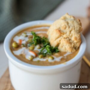 A delicious bowl of Healthy Chicken Pot Pie Soup, perfect for a cozy meal.