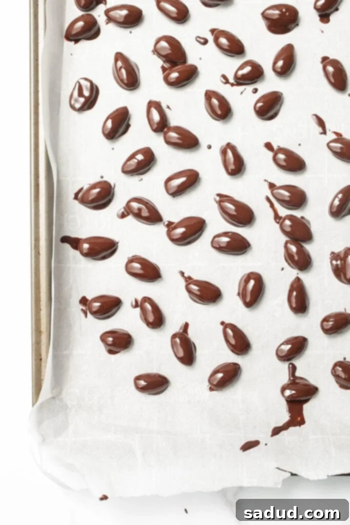 Another view of freshly coated chocolate almonds on a tray
