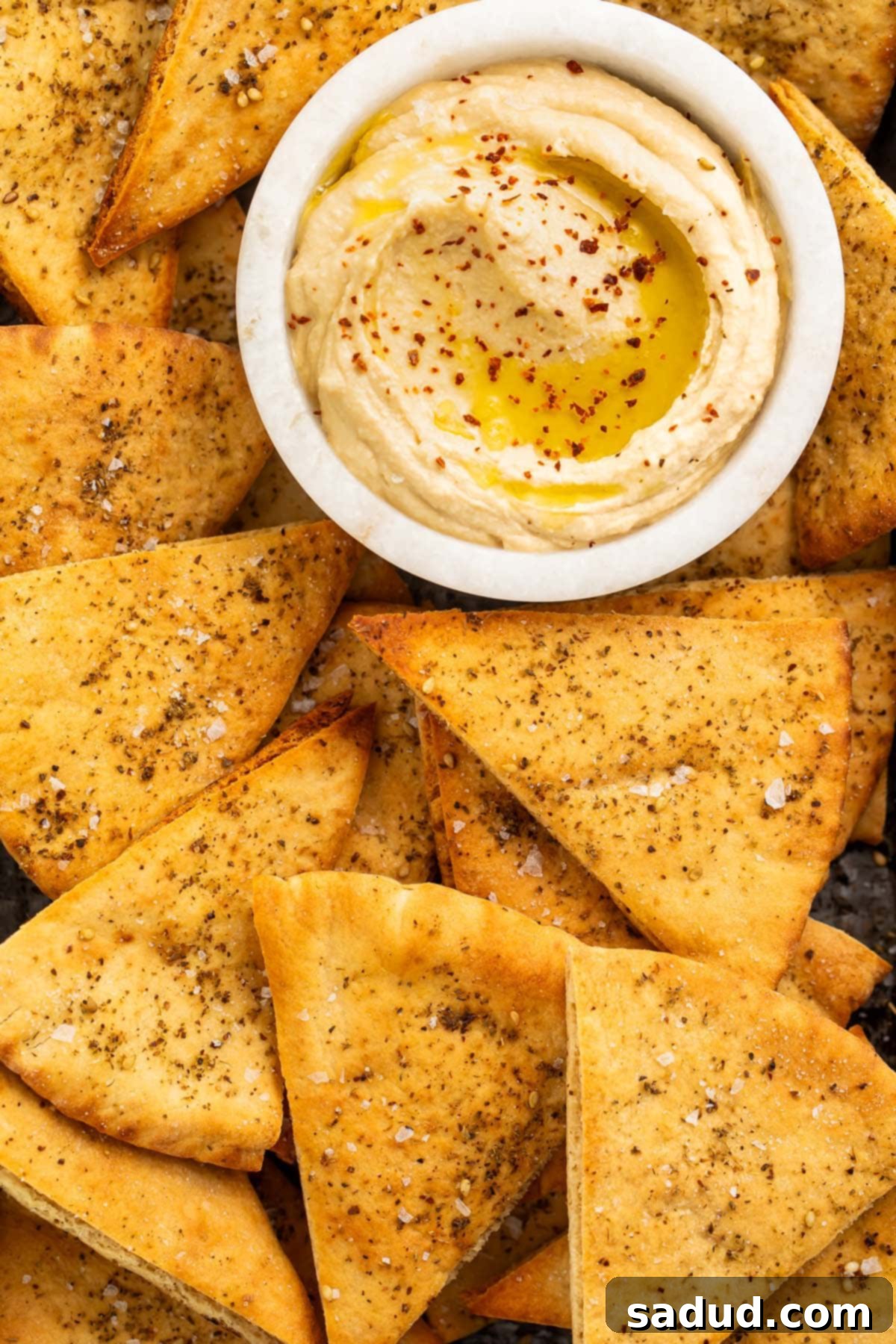 Close-up of homemade pita chips with a small dipping bowl of hummus.