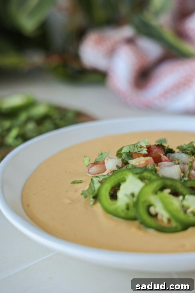 Healthy queso topped with jalapenos.