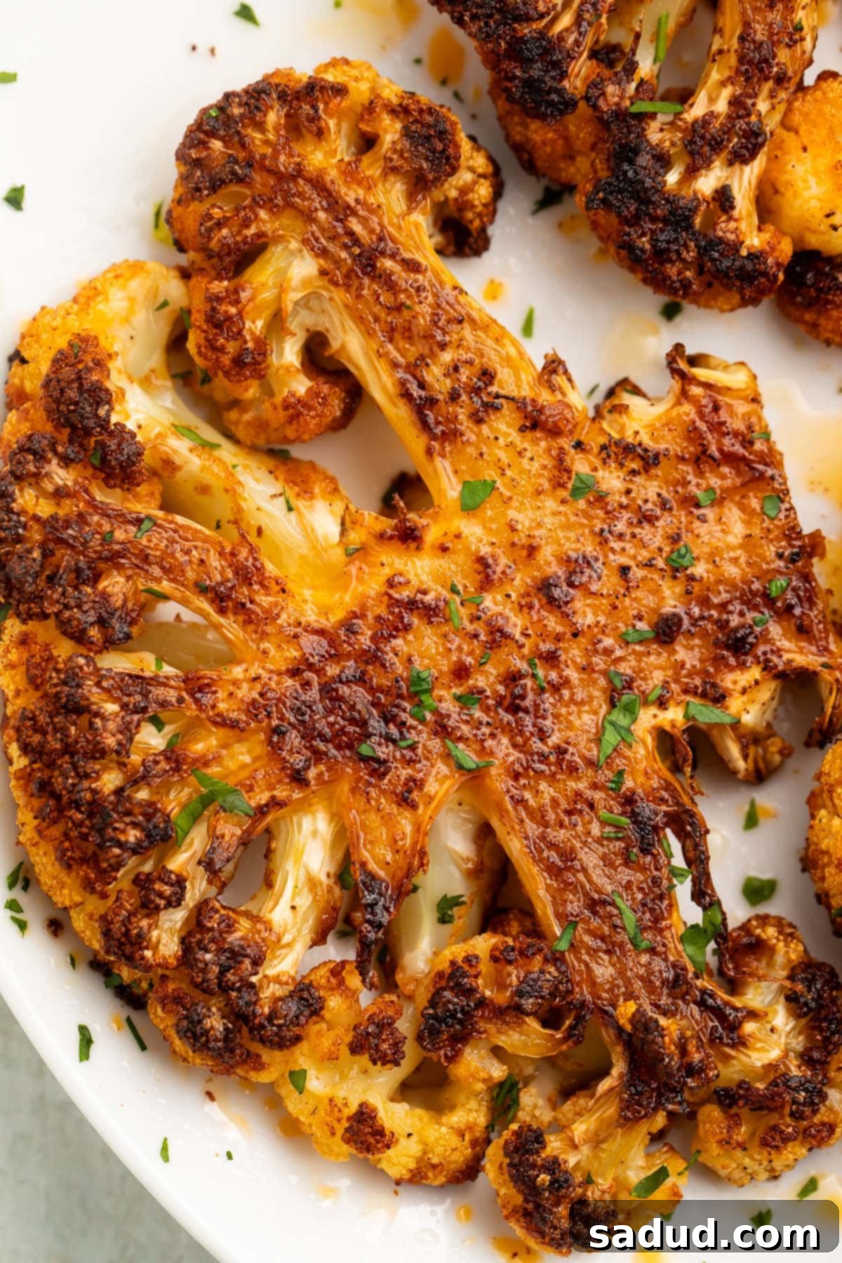 A golden-brown roasted cauliflower steak, generously seasoned, resting on a clean white plate with a subtle garnish. The texture suggests tenderness inside and a slight crispness on the edges.