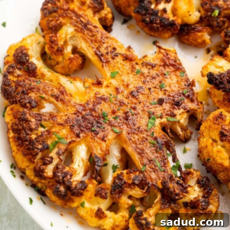 A beautifully roasted cauliflower steak on a white plate, ready to be served, showcasing its golden-brown crust and tender interior.
