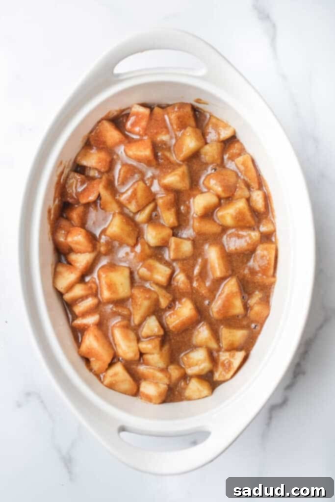 Close-up of the vegan apple crisp filling, showing chopped apples coated in a rich, spiced sauce before baking.