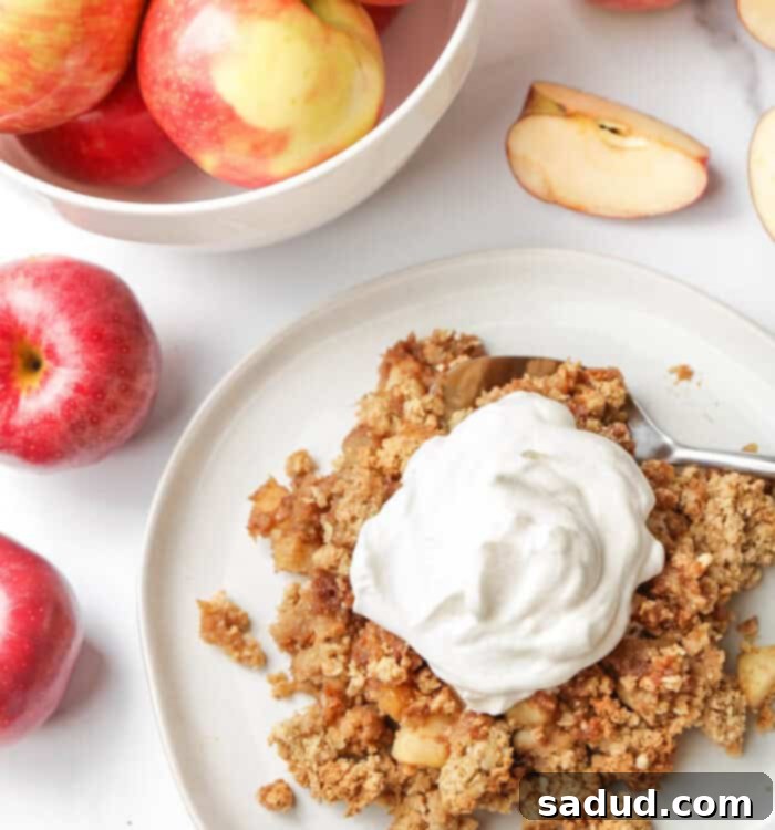 Beautifully baked Vegan Apple Crisp, golden brown and bubbly, ready to be served.