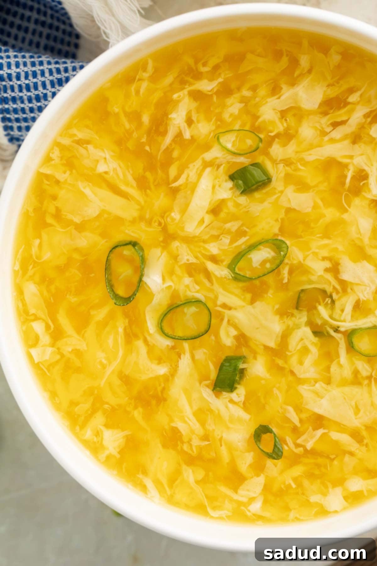 Close-up of a bowl of keto egg drop soup topped with sliced green onions.
