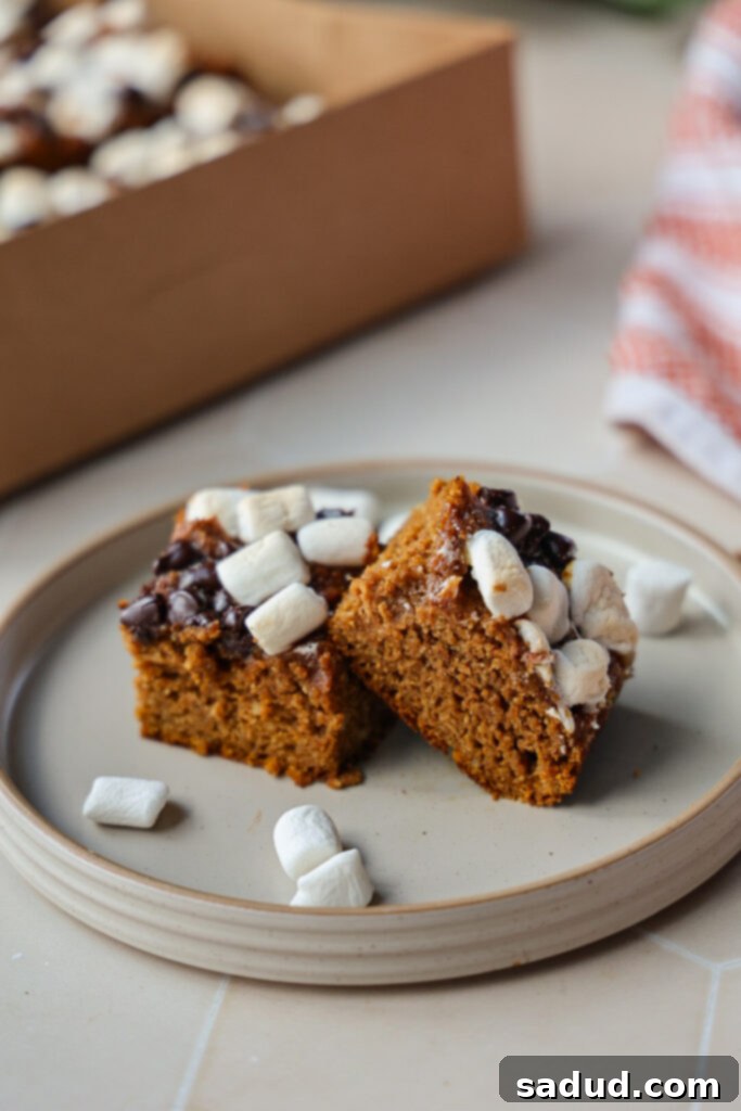 Two healthy pumpkin s'mores bars on a small white plate, one bitten to show the gooey interior.