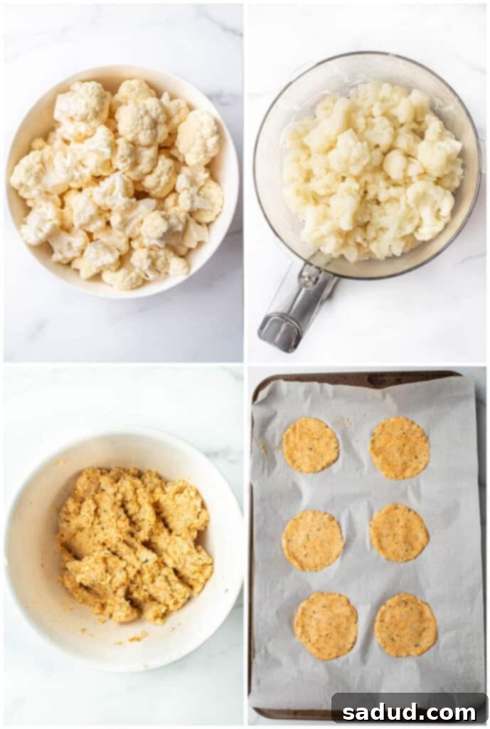 A visual guide showing the step-by-step process of making crispy cauliflower chips, from steaming and processing cauliflower to shaping and baking them.