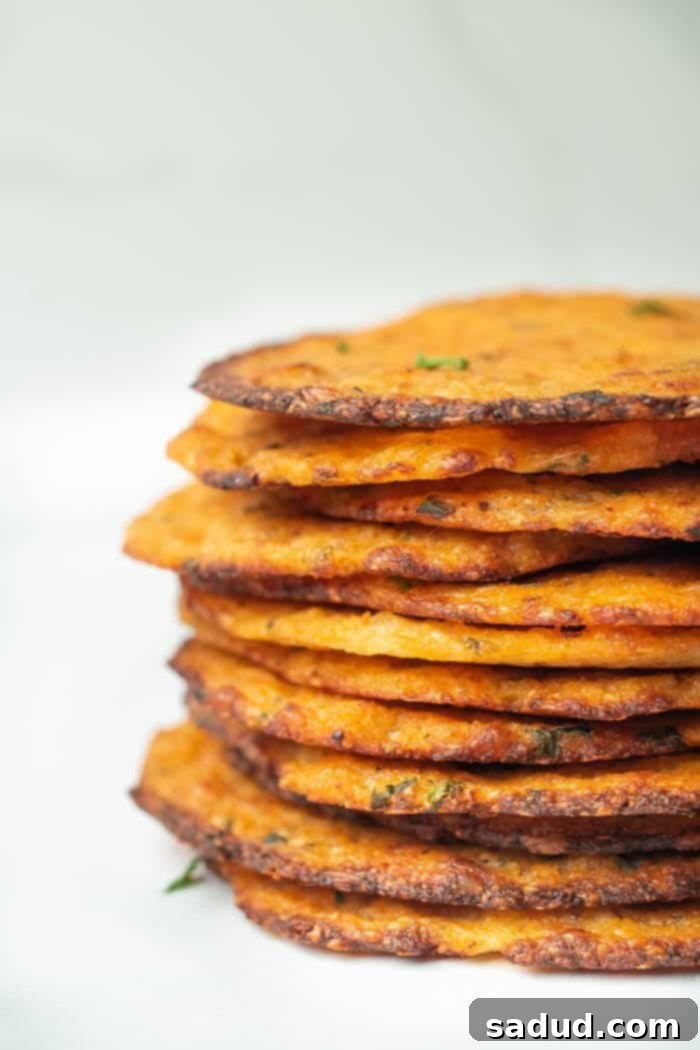 A perfectly stacked pile of golden, crispy cauliflower chips, highlighting their appealing texture and snack-ready form.