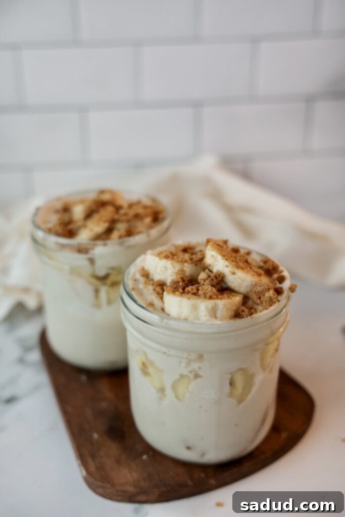 A layered jar of no bake gluten free banana pudding