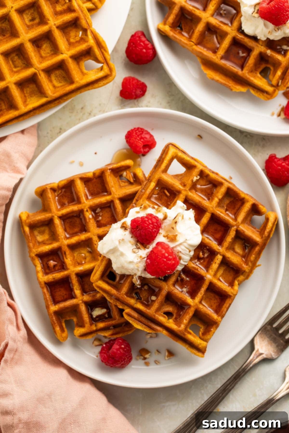 Two square sweet potato waffles topped with whipped cream and raspberries on a white plate, ready to be enjoyed as a festive breakfast.