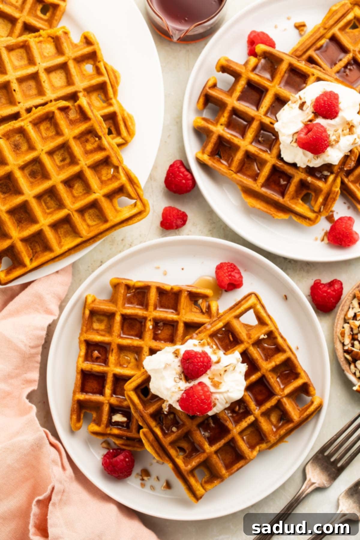 A stack of golden brown sweet potato waffles, with two topped with whipped cream and raspberries on a white plate, surrounded by more waffles.