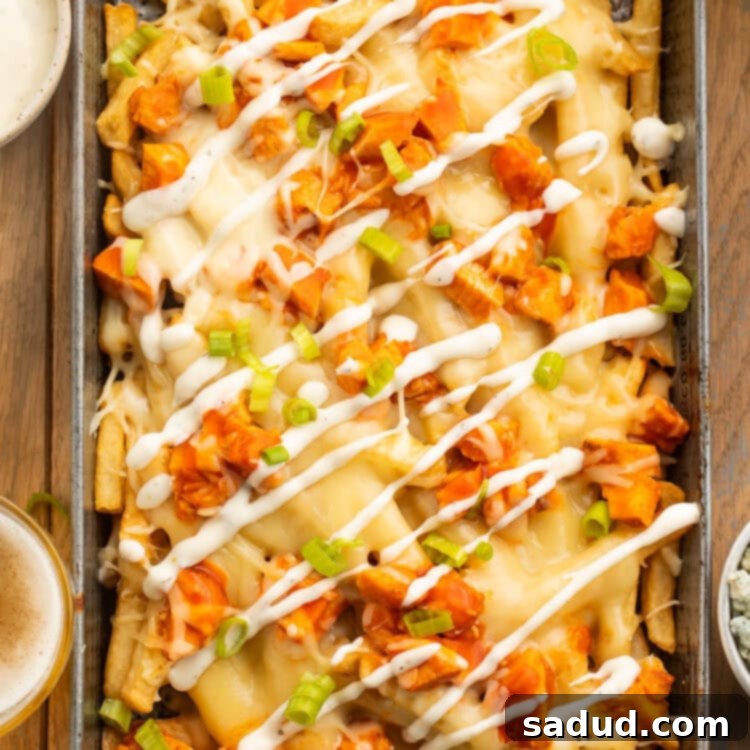 Overhead view of a rectangular baking pan holding french fries topped with buffalo chicken, green onions, and a ranch dressing drizzle.