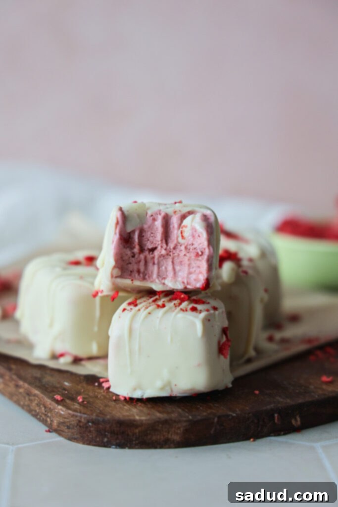 A tray of strawberry frozen yogurt bites, one with a bite taken out of it.