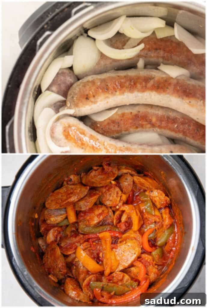 Detailed step-by-step instructions for preparing Instant Pot sausage and peppers, showing key stages of cooking, including browning sausages and adding vegetables.