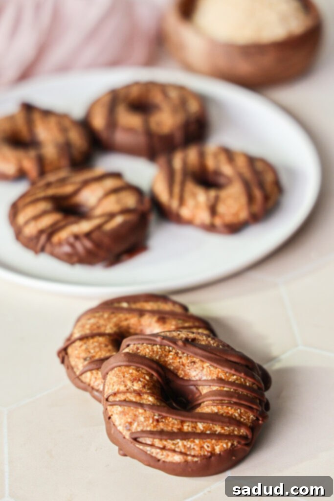 Close-up of healthy no-bake samoa cookies with chocolate drizzle