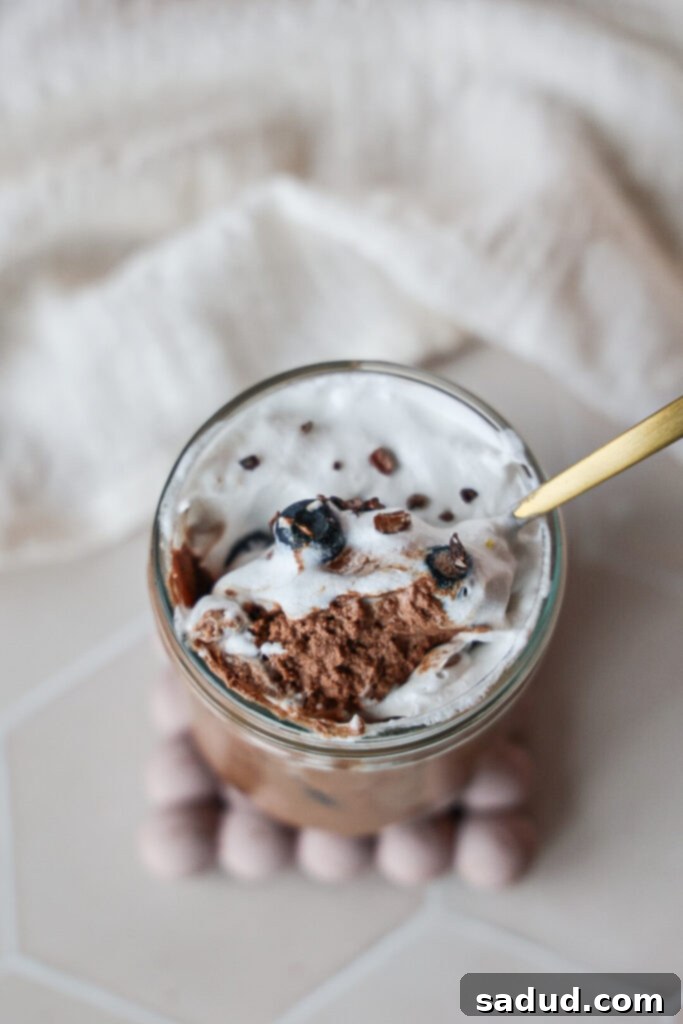 A spoonful of rich, eggless vegan chocolate mousse, showing its airy texture.