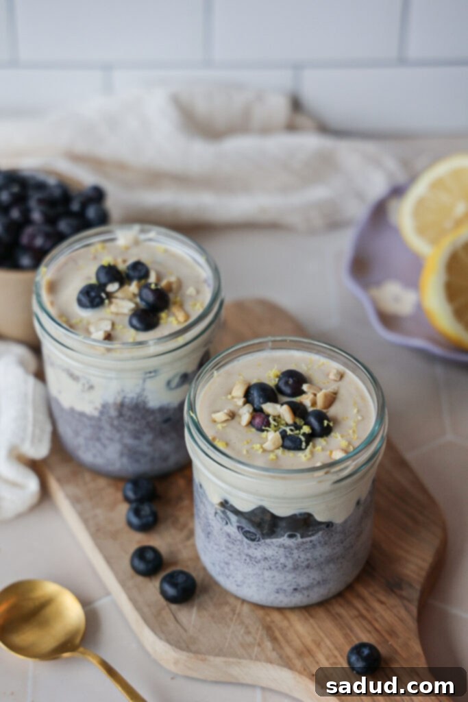 Delicious lemon blueberry chia pudding with a swirl of vegan yogurt, a perfect vegan high protein snack.