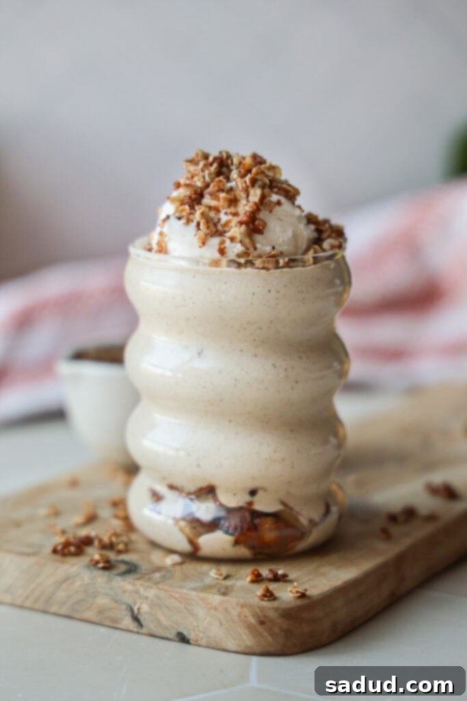High protein apple crisp smoothie, satisfying fall cravings with fiber, fats, and balanced blood sugar.