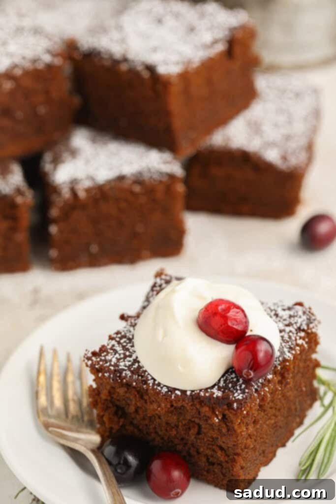 A beautifully decorated slice of gluten free gingerbread on a plate, ready to be enjoyed.