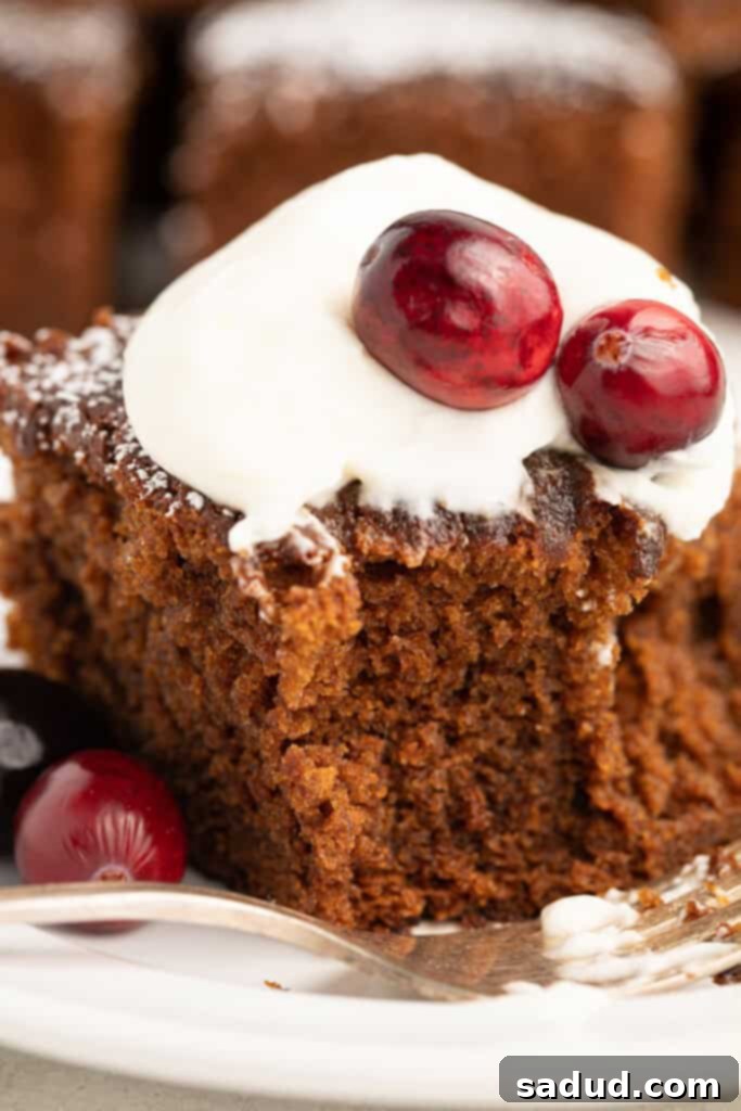 A close-up shot of the rich, dark gluten free gingerbread, showing its soft texture and the slight sparkle of powdered sugar.