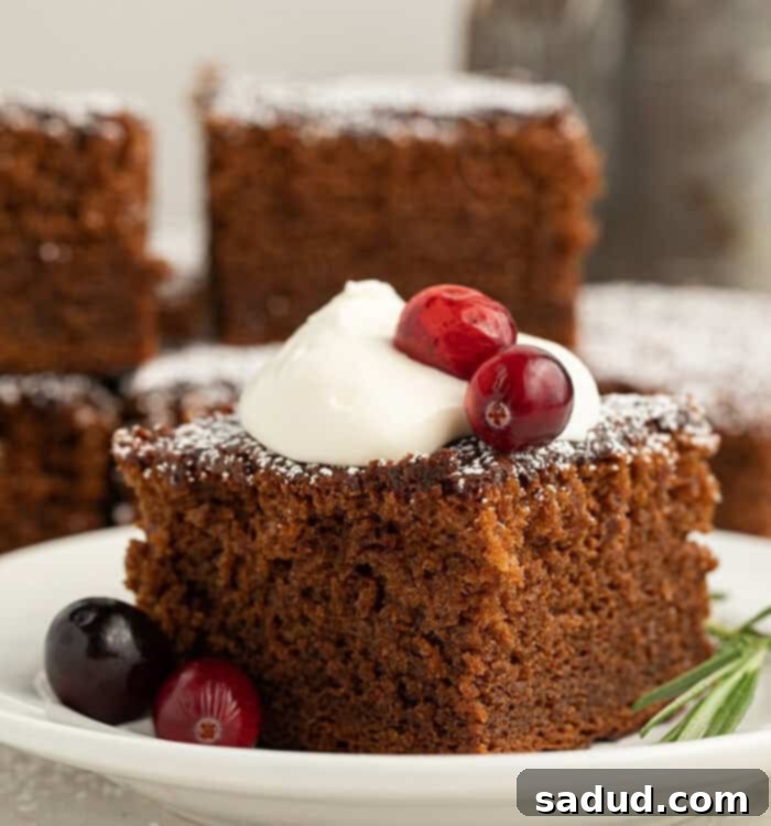 Beautifully sliced gluten-free gingerbread cake on a plate, ready for serving.