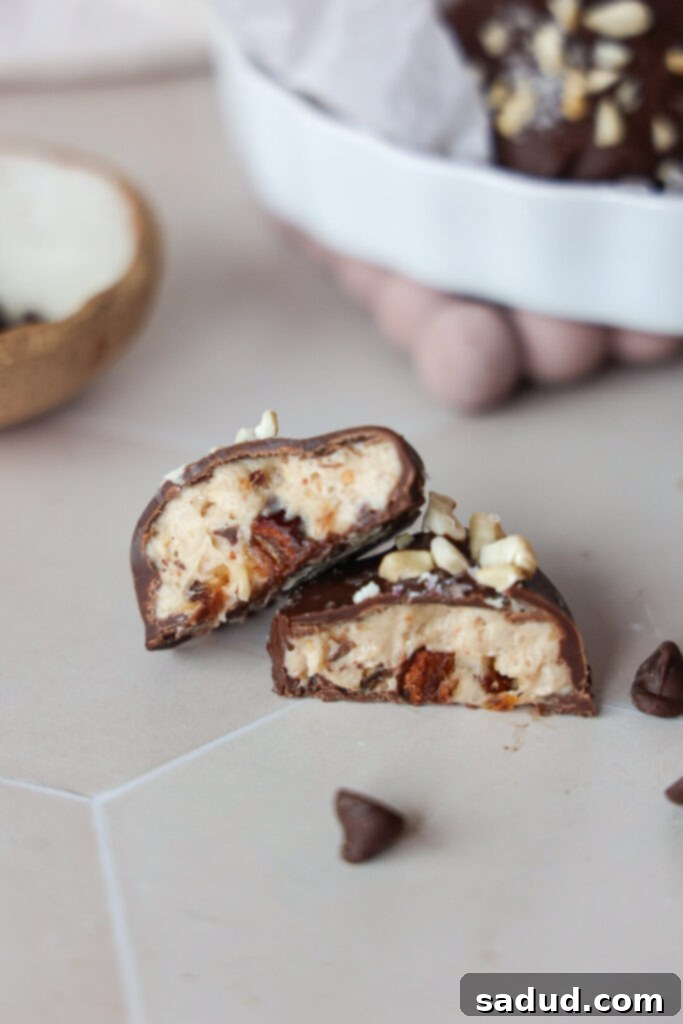 The inside of a chocolate covered frozen yogurt bite, showing its creamy texture and mix-ins.