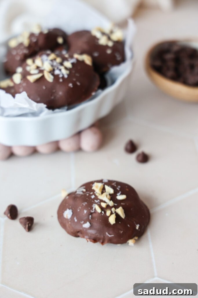 A cluster of chocolate covered frozen yogurt bites, showcasing their irregular, appealing shapes.