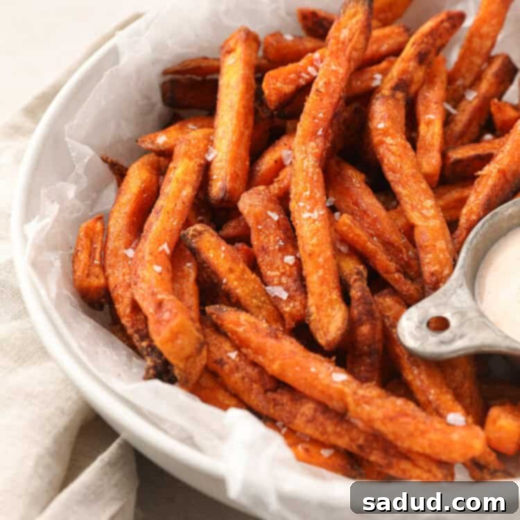 Crispy Air Fryer Sweet Potato Fries from Frozen 5 Sweet potato fries with salt in a white bowl
