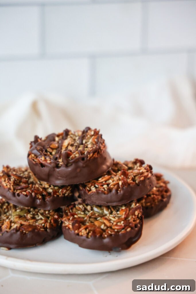 Crunchy chocolate seed bars stacked, showing their rich texture and seed medley.