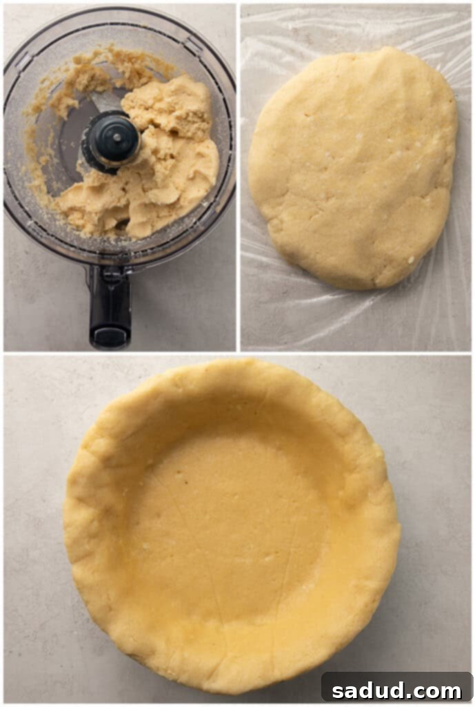 Step-by-step instructional photo demonstrating the process of making a perfect keto meat pie crust, showing the dough being rolled and placed into the pie pan.