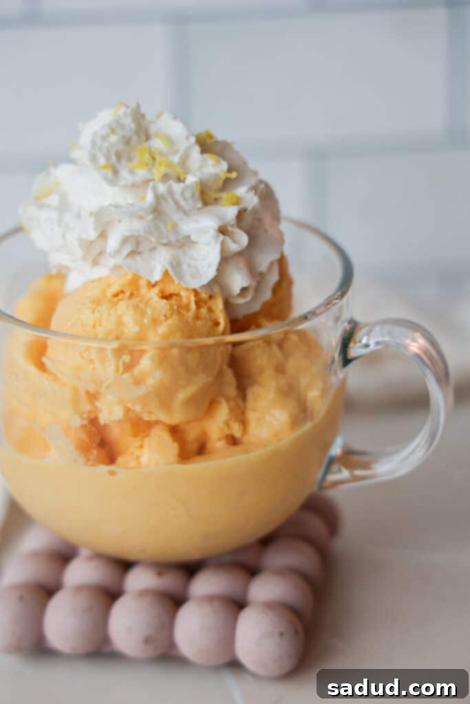 A glass of two ingredient orange sorbet with a spoon.