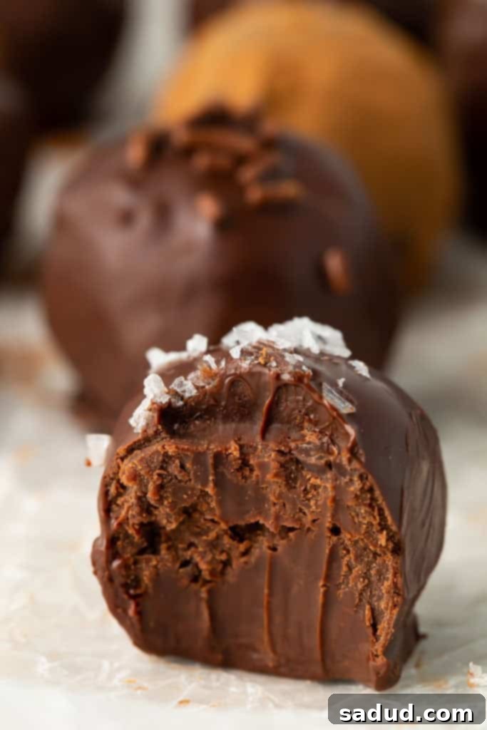 Keto Chocolate Delights 2 Half eaten keto chocolate truffle topped with flaky sea salt